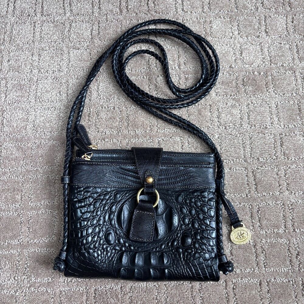 Brahmin Leather Croc Crossbody Bag Black Small Zip Closure Card Holders EUC